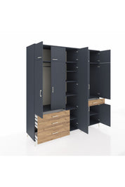 Kronos Dolap 11 Raflı 4 Çekmeceli 2 Askılı 220x59x243 Antrasit-Antrasit/Çam