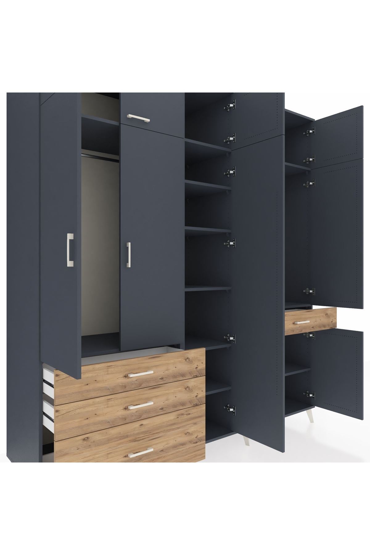 Kronos Dolap 11 Raflı 4 Çekmeceli 2 Askılı 220x59x243 Antrasit-Antrasit/Çam