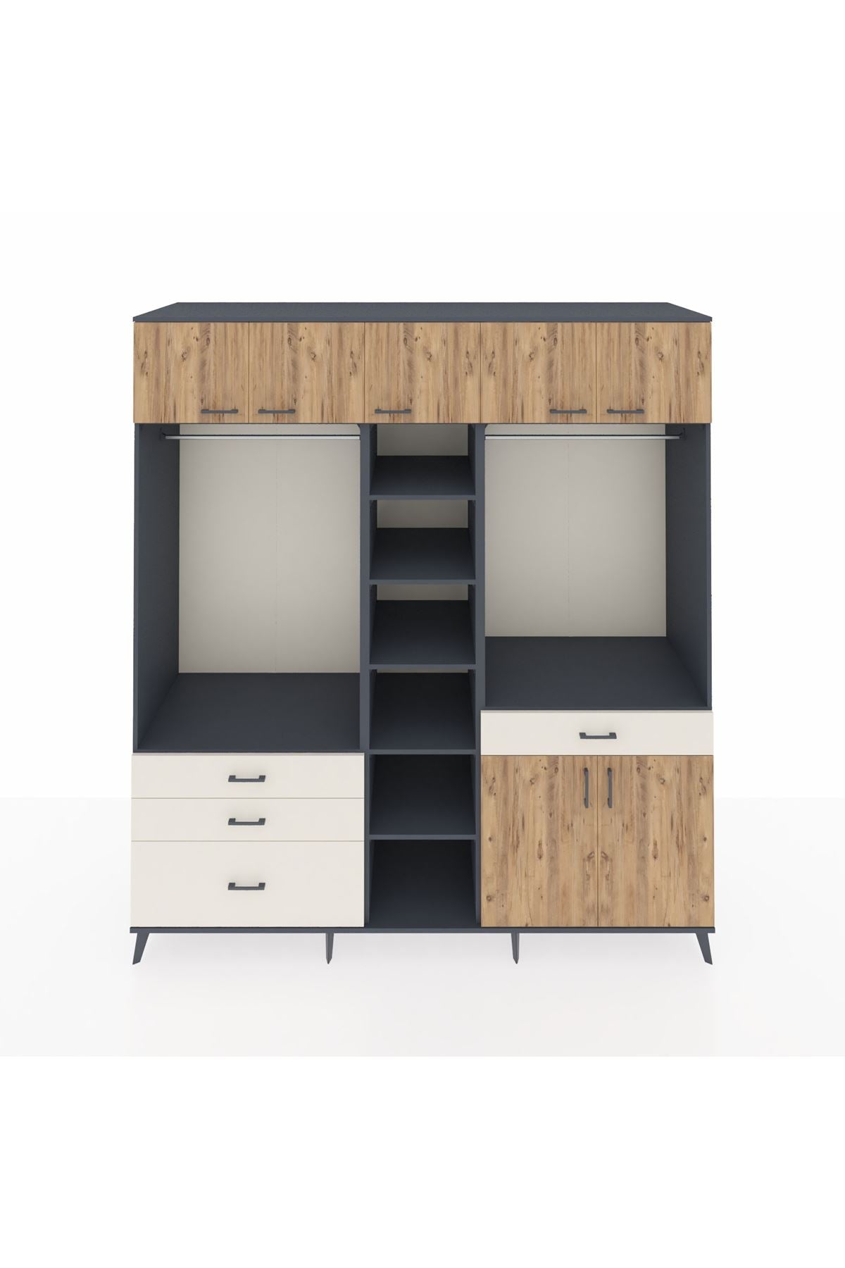 Kronos Dolap 11 Raflı 4 Çekmeceli 2 Askılı 220x59x243 Antrasit-Çam/Aytaşı