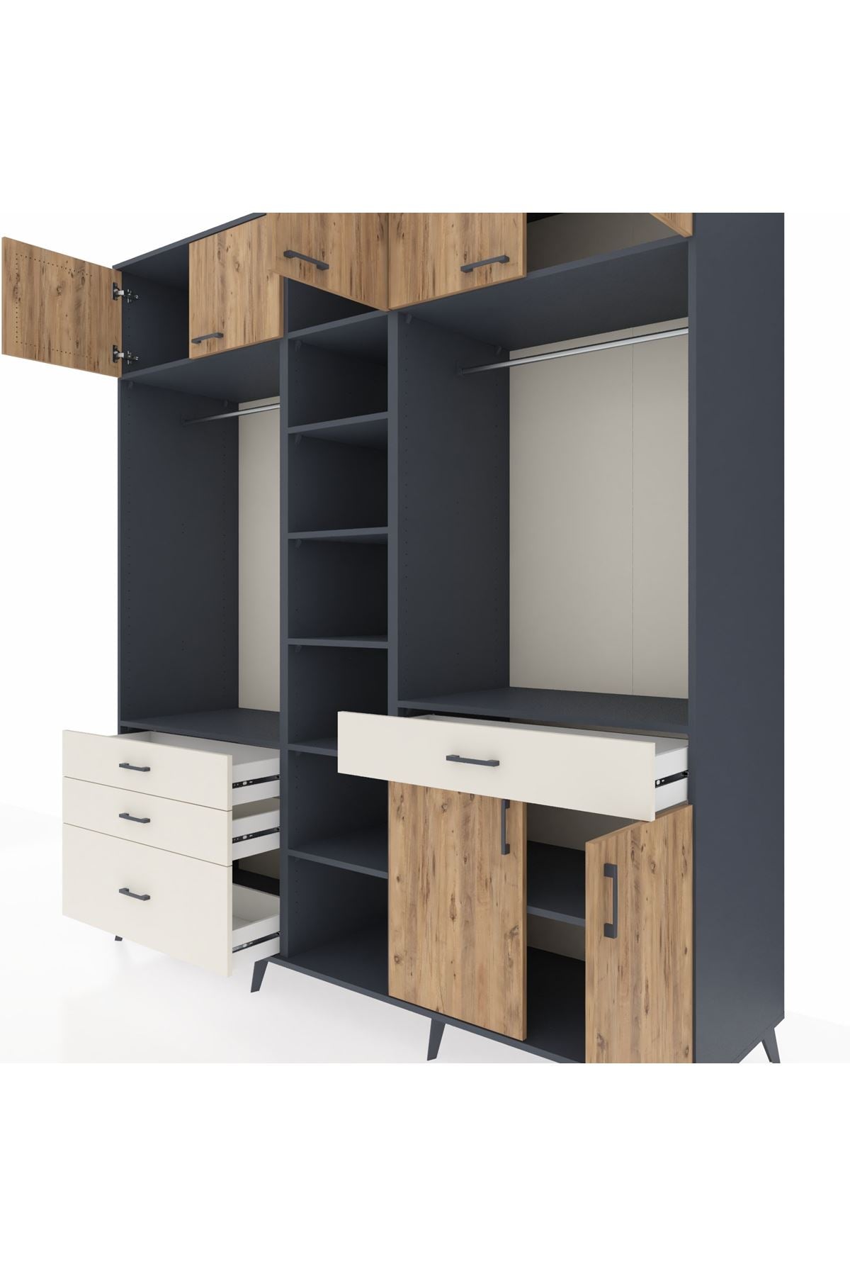 Kronos Dolap 11 Raflı 4 Çekmeceli 2 Askılı 220x59x243 Antrasit-Çam/Aytaşı