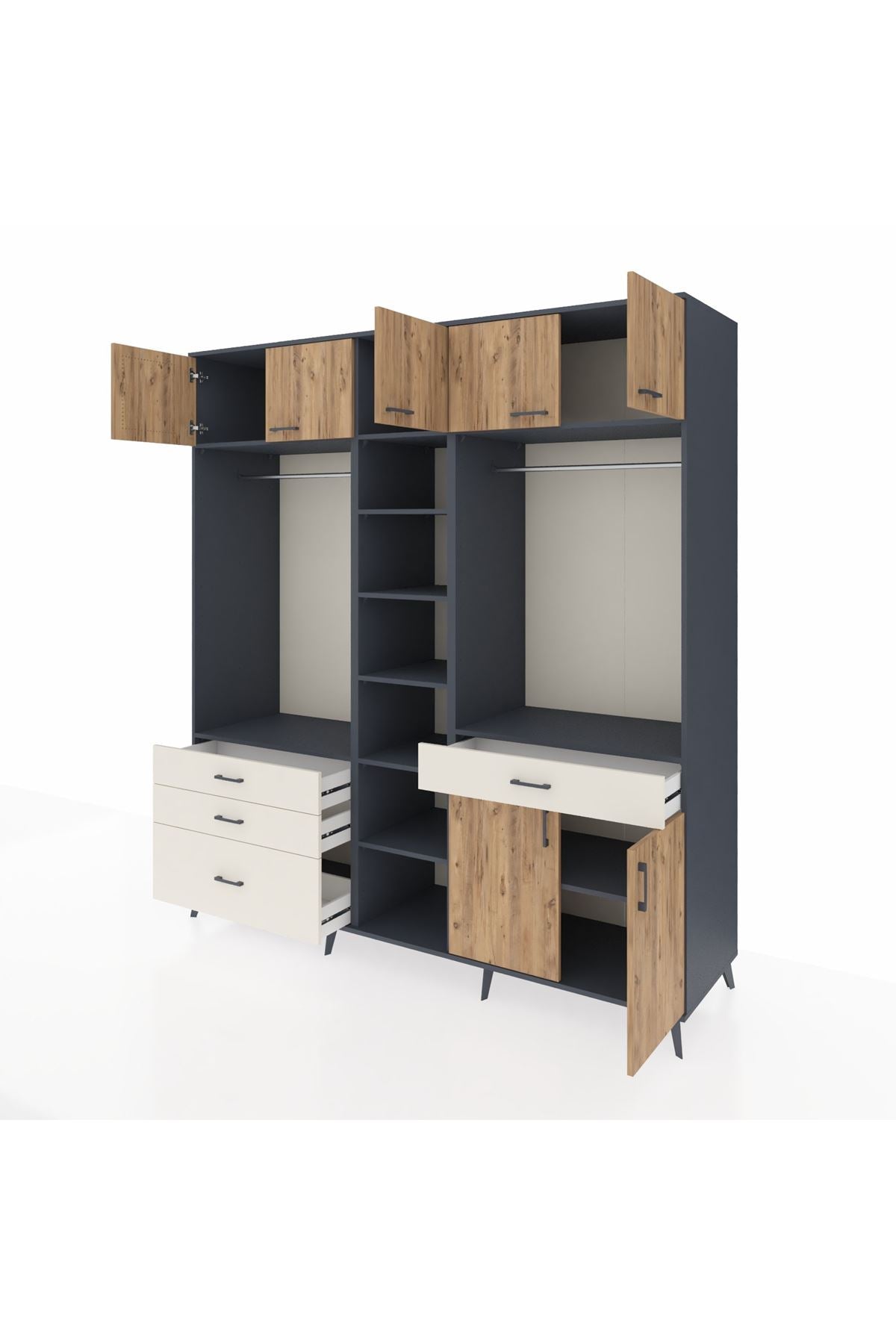 Kronos Dolap 11 Raflı 4 Çekmeceli 2 Askılı 220x59x243 Antrasit-Çam/Aytaşı