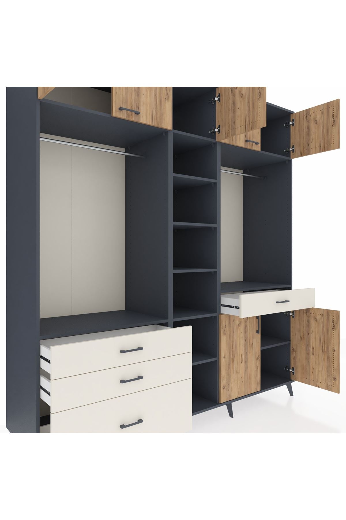 Kronos Dolap 11 Raflı 4 Çekmeceli 2 Askılı 220x59x243 Antrasit-Çam/Aytaşı