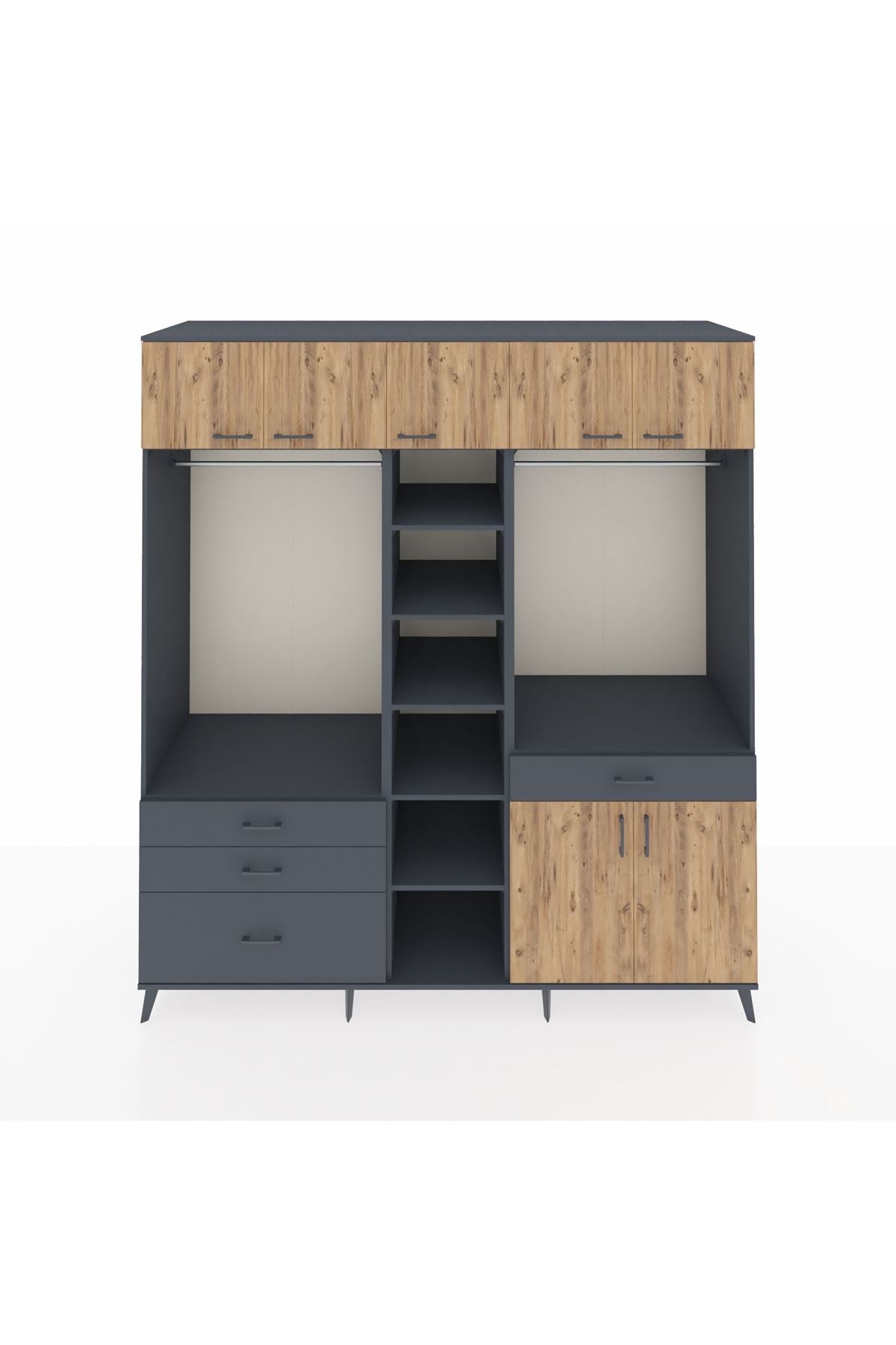 Kronos Dolap 11 Raflı 4 Çekmeceli 2 Askılı 220x59x243 Antrasit-Çam/Antrasit