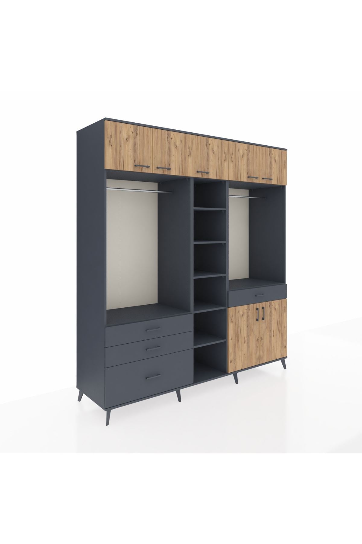 Kronos Dolap 11 Raflı 4 Çekmeceli 2 Askılı 220x59x243 Antrasit-Çam/Antrasit