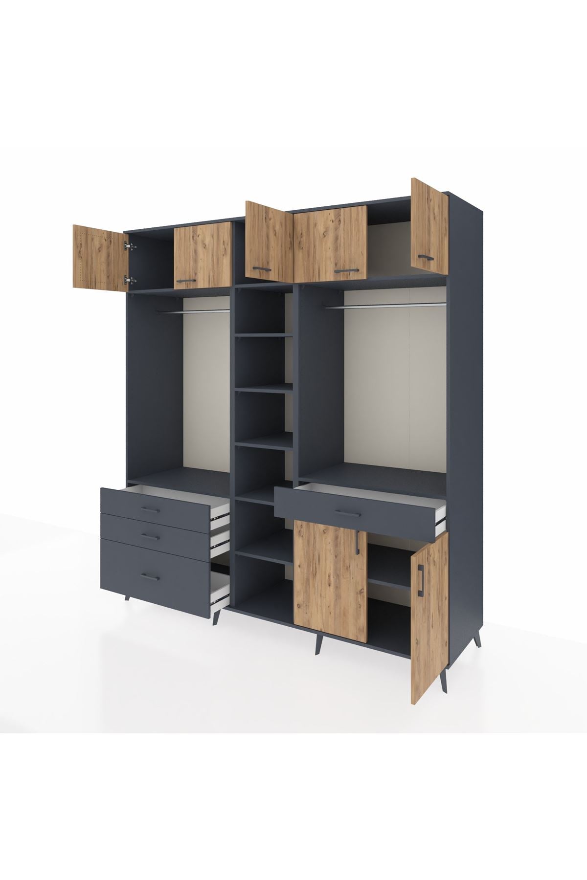 Kronos Dolap 11 Raflı 4 Çekmeceli 2 Askılı 220x59x243 Antrasit-Çam/Antrasit