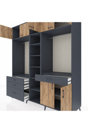 Kronos Dolap 11 Raflı 4 Çekmeceli 2 Askılı 220x59x243 Antrasit-Çam/Antrasit