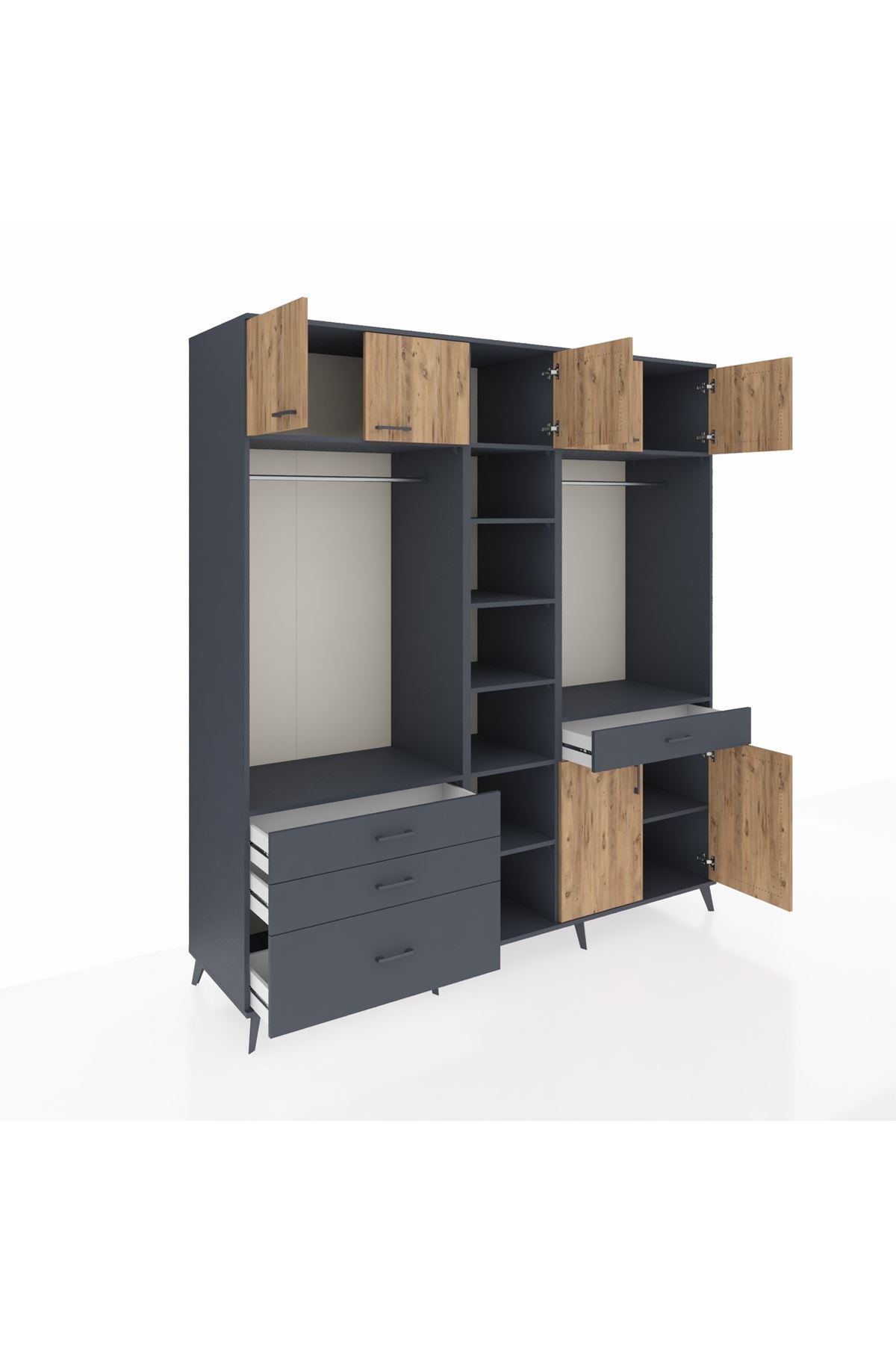 Kronos Dolap 11 Raflı 4 Çekmeceli 2 Askılı 220x59x243 Antrasit-Çam/Antrasit
