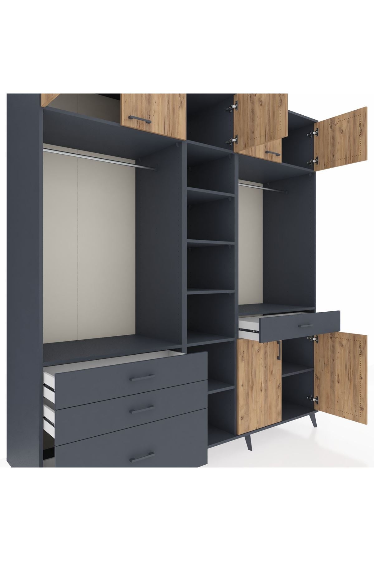 Kronos Dolap 11 Raflı 4 Çekmeceli 2 Askılı 220x59x243 Antrasit-Çam/Antrasit