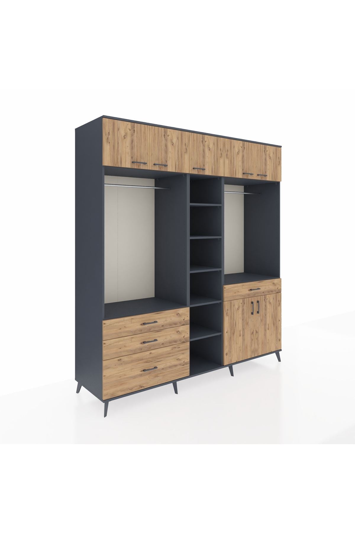 Kronos Dolap 11 Raflı 4 Çekmeceli 2 Askılı 220x59x243 Antrasit-Çam/Çam