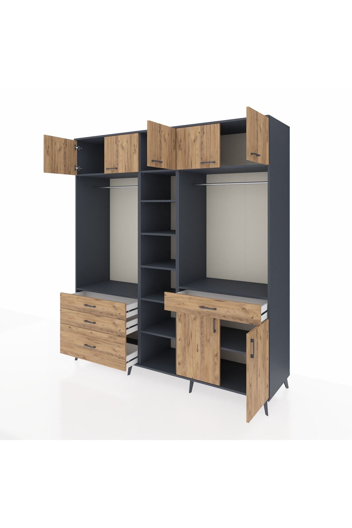 Kronos Dolap 11 Raflı 4 Çekmeceli 2 Askılı 220x59x243 Antrasit-Çam/Çam