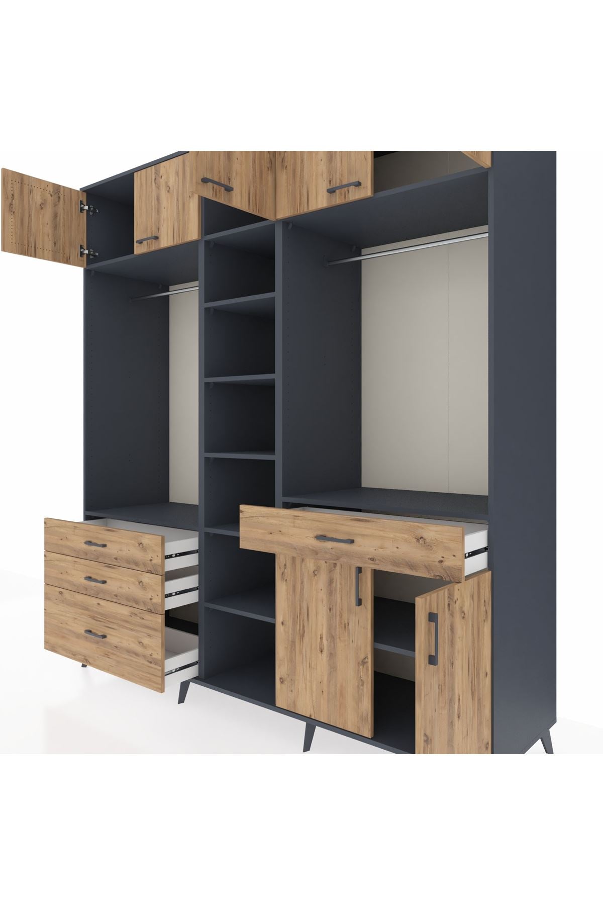 Kronos Dolap 11 Raflı 4 Çekmeceli 2 Askılı 220x59x243 Antrasit-Çam/Çam