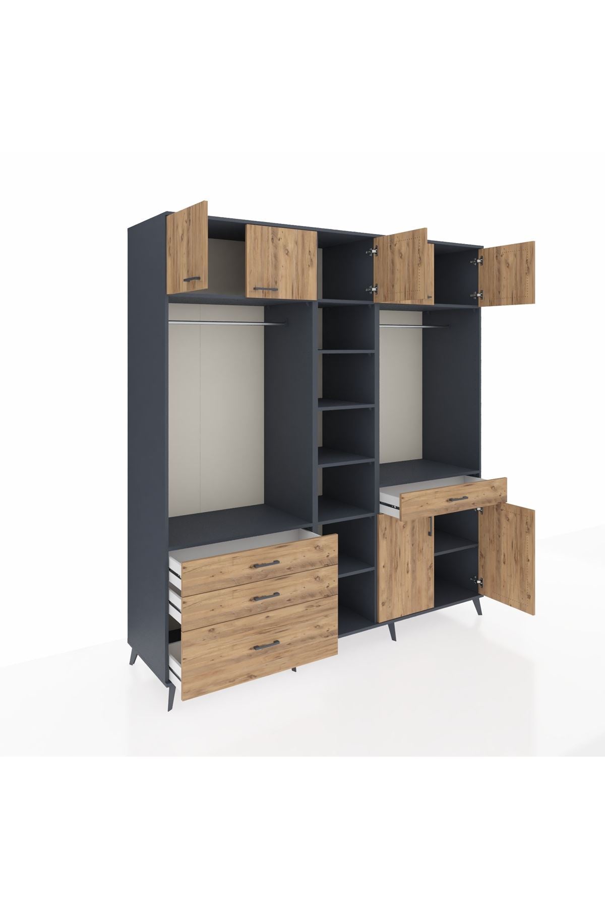 Kronos Dolap 11 Raflı 4 Çekmeceli 2 Askılı 220x59x243 Antrasit-Çam/Çam