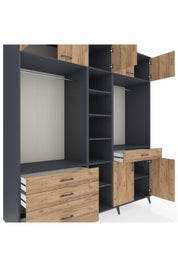 Kronos Dolap 11 Raflı 4 Çekmeceli 2 Askılı 220x59x243 Antrasit-Çam/Çam