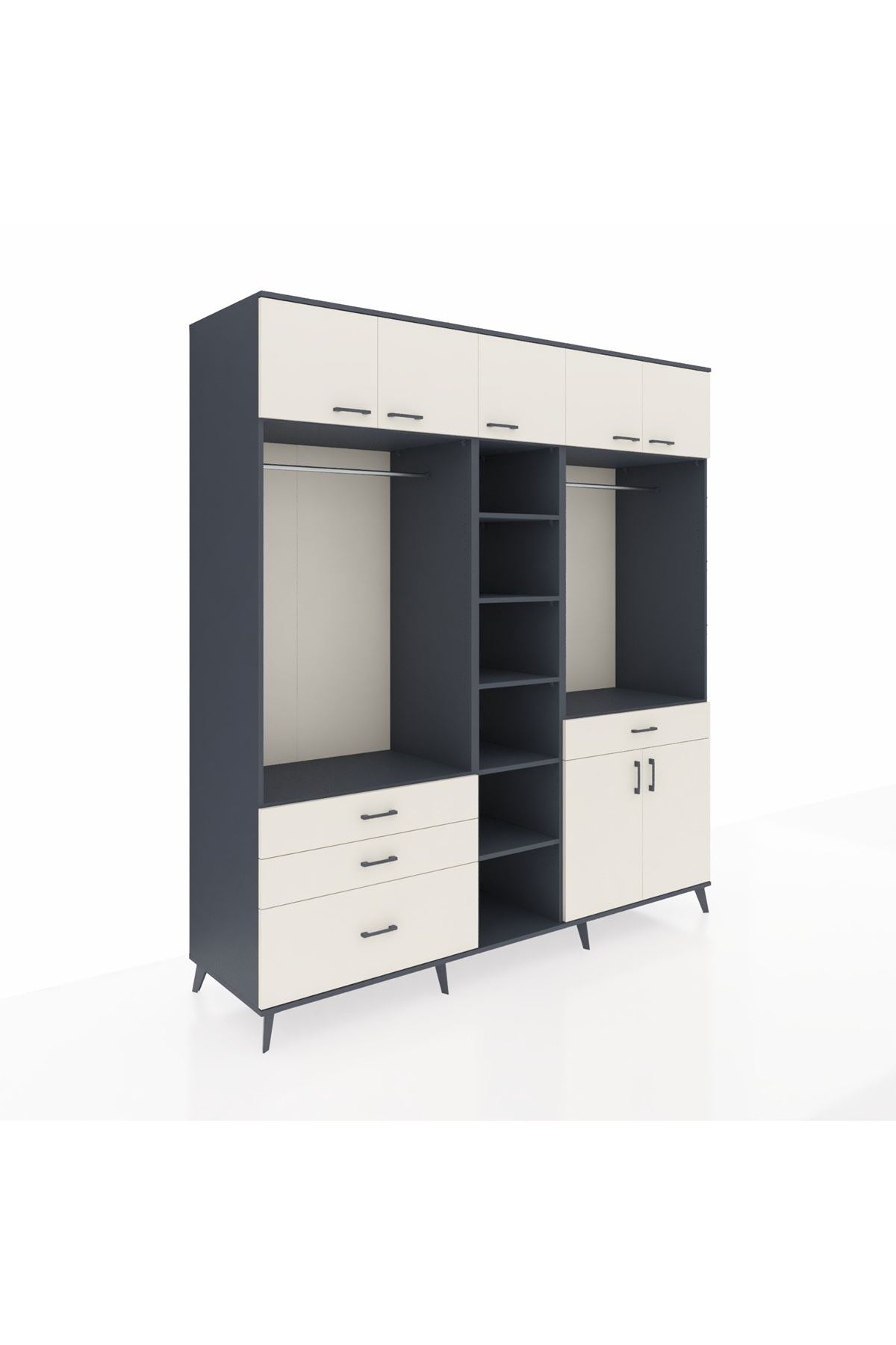 Kronos Dolap 11 Raflı 4 Çekmeceli 2 Askılı 220x59x243 Antrasit-Aytaşı/Aytaşı