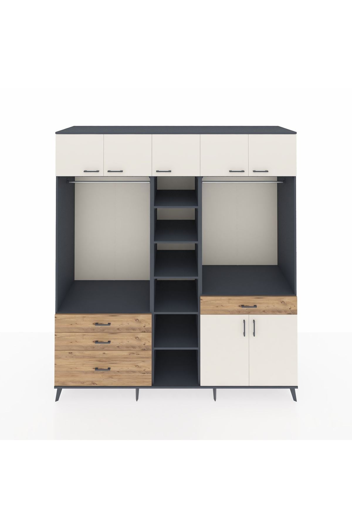 Kronos Dolap 11 Raflı 4 Çekmeceli 2 Askılı 220x59x243 Antrasit-Aytaşı/Çam