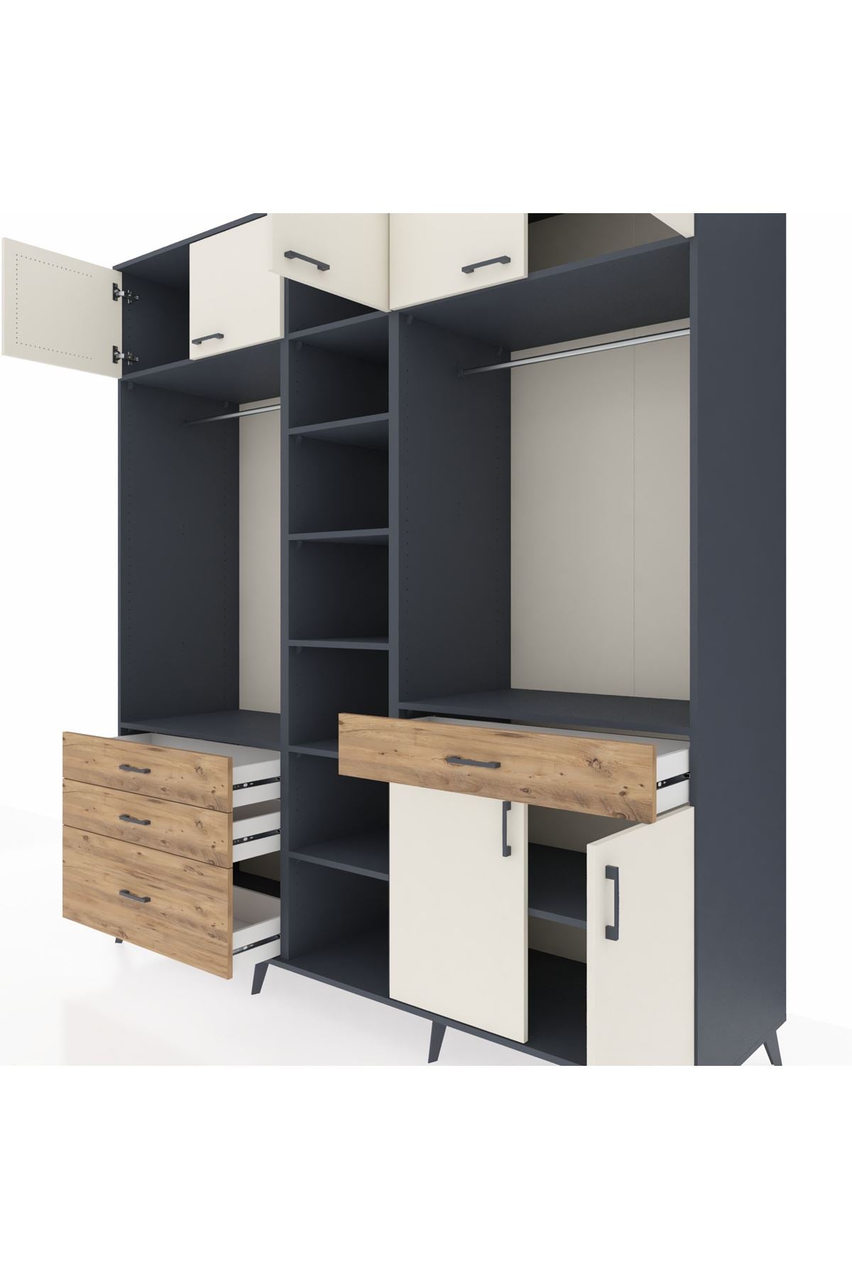 Kronos Dolap 11 Raflı 4 Çekmeceli 2 Askılı 220x59x243 Antrasit-Aytaşı/Çam