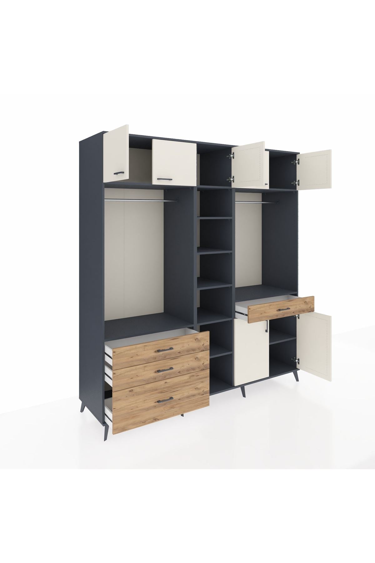 Kronos Dolap 11 Raflı 4 Çekmeceli 2 Askılı 220x59x243 Antrasit-Aytaşı/Çam