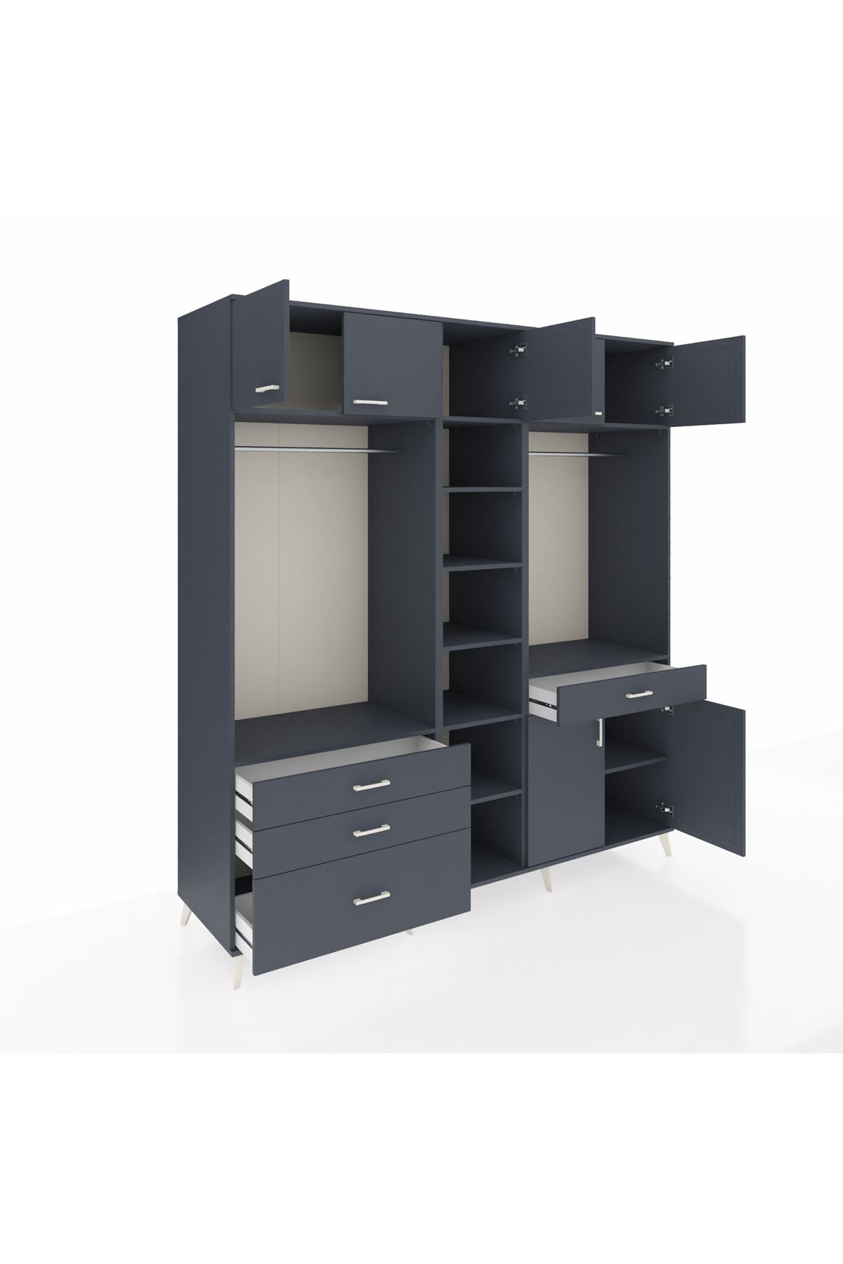 Kronos Dolap 11 Raflı 4 Çekmeceli 2 Askılı 220x59x243 Antrasit-Antrasit/Antrasit