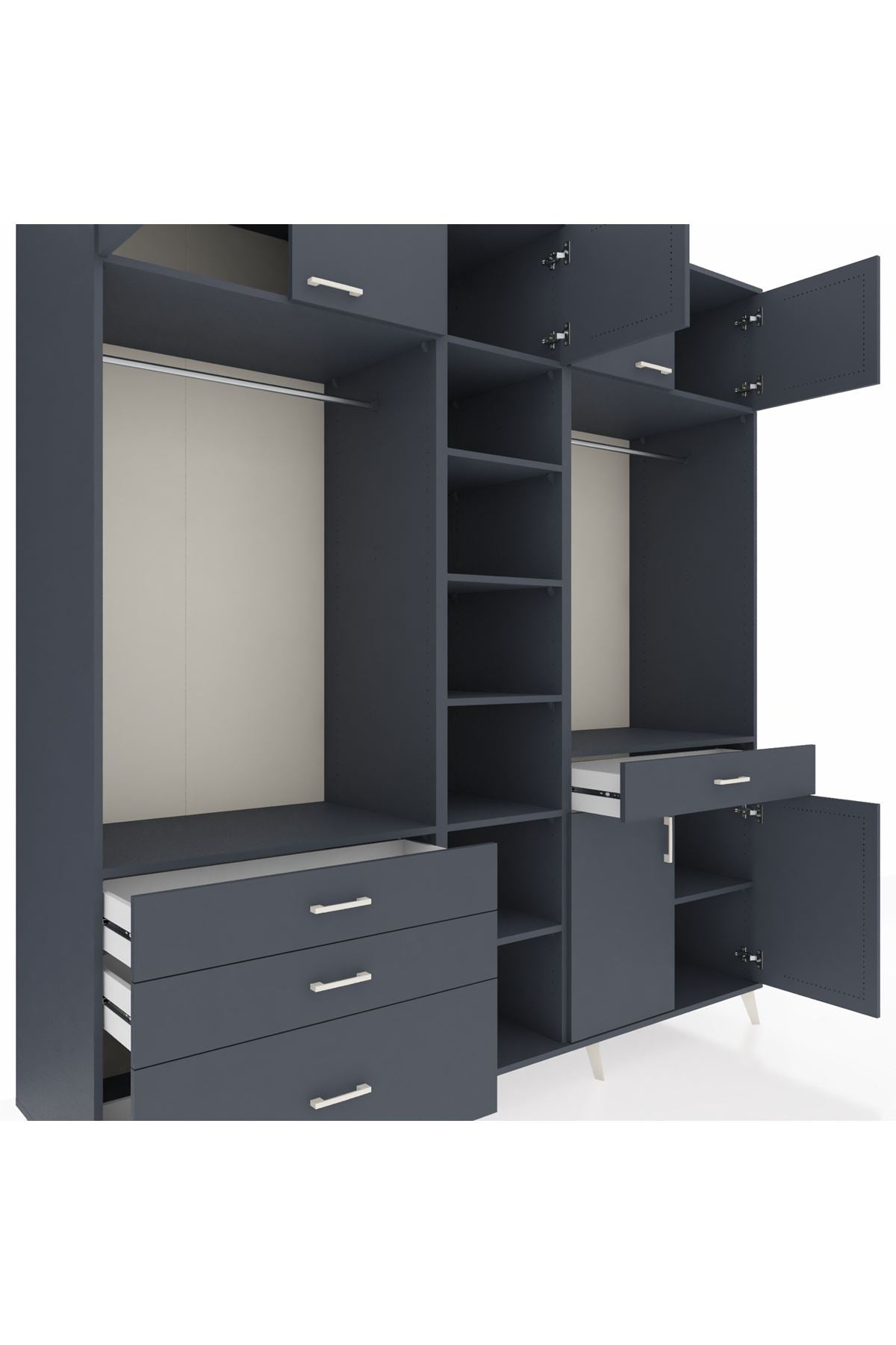 Kronos Dolap 11 Raflı 4 Çekmeceli 2 Askılı 220x59x243 Antrasit-Antrasit/Antrasit