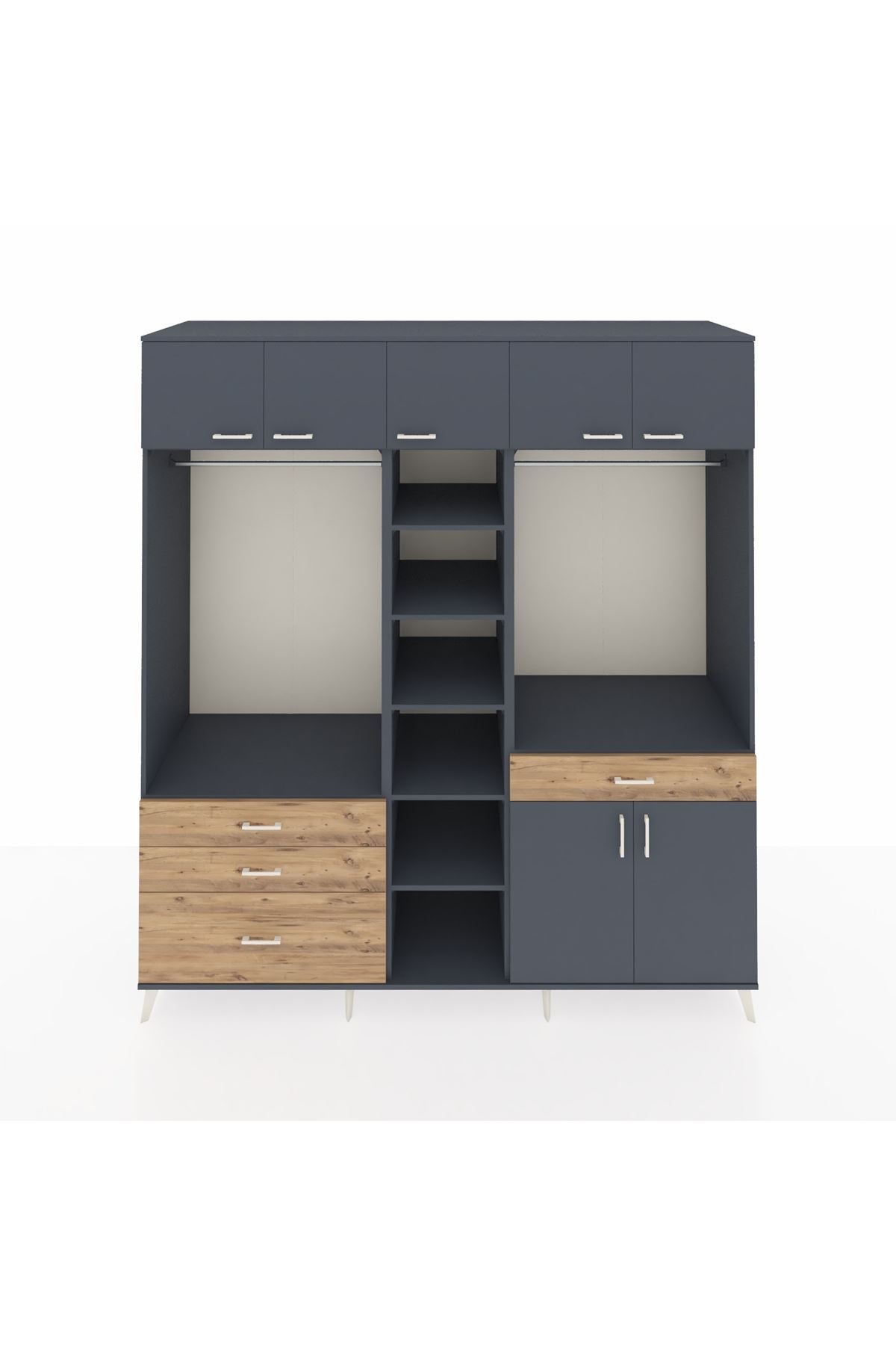 Kronos Dolap 11 Raflı 4 Çekmeceli 2 Askılı 220x59x243 Antrasit-Antrasit/Çam