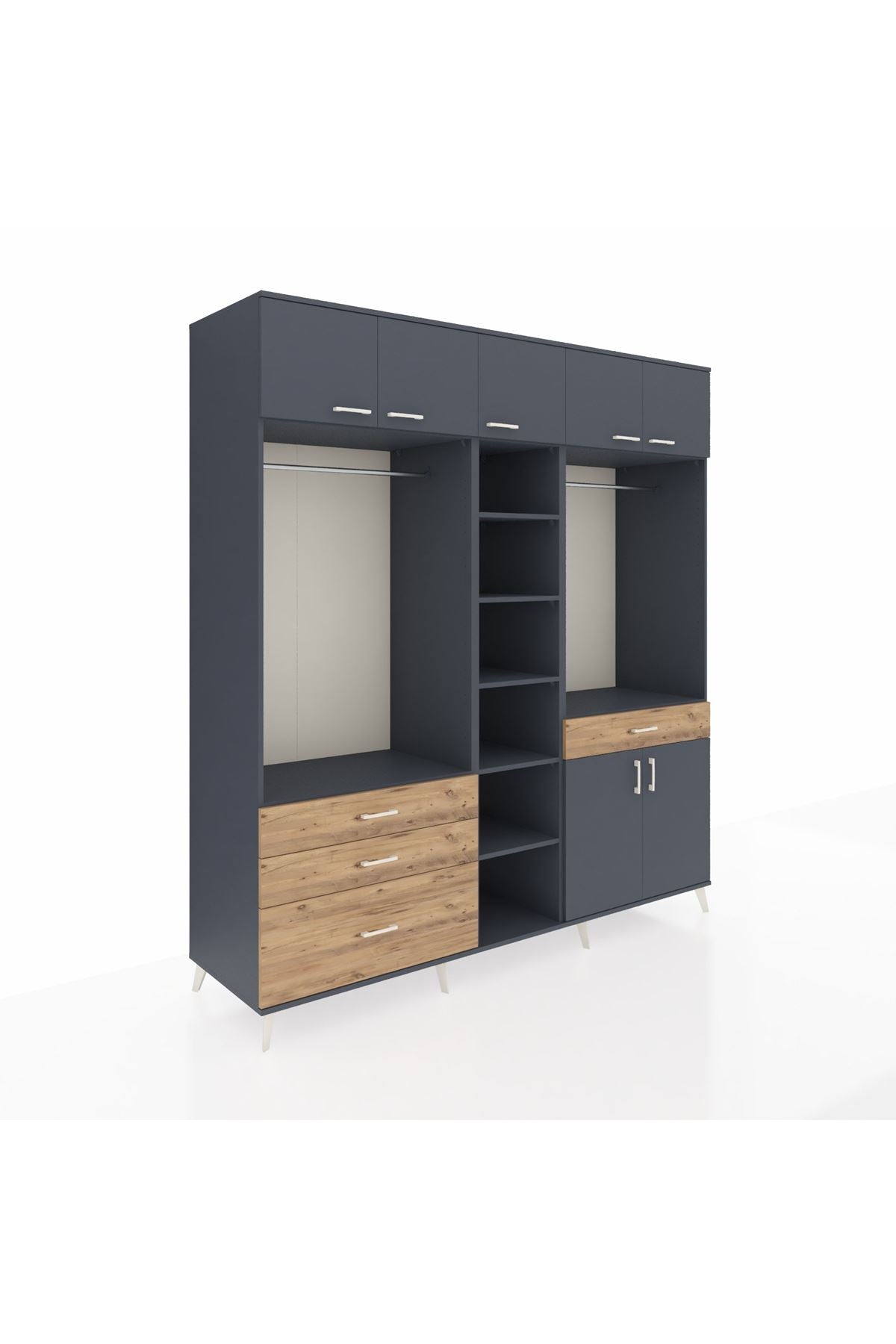 Kronos Dolap 11 Raflı 4 Çekmeceli 2 Askılı 220x59x243 Antrasit-Antrasit/Çam