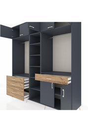 Kronos Dolap 11 Raflı 4 Çekmeceli 2 Askılı 220x59x243 Antrasit-Antrasit/Çam