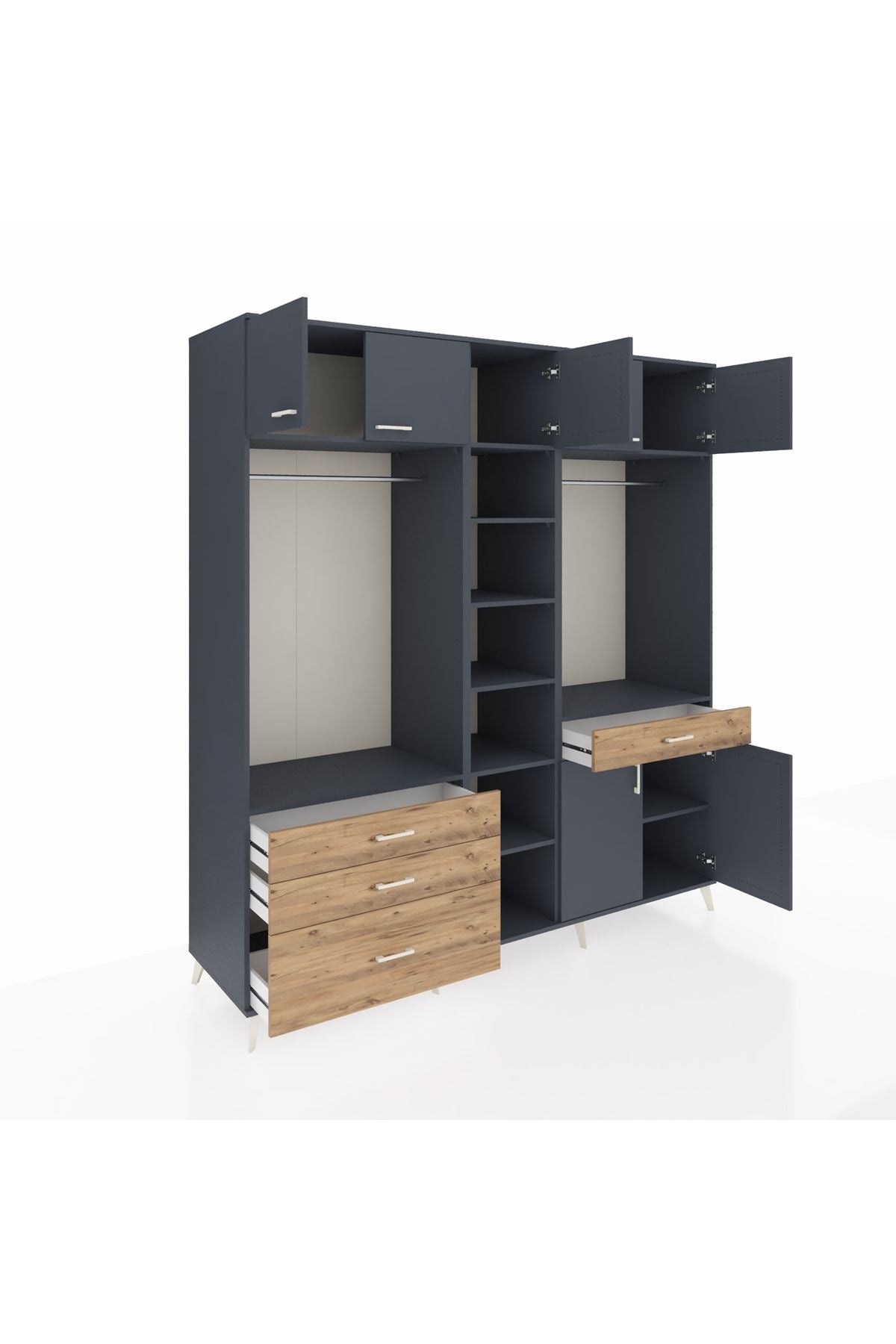 Kronos Dolap 11 Raflı 4 Çekmeceli 2 Askılı 220x59x243 Antrasit-Antrasit/Çam