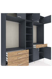 Kronos Dolap 11 Raflı 4 Çekmeceli 2 Askılı 220x59x243 Antrasit-Antrasit/Çam