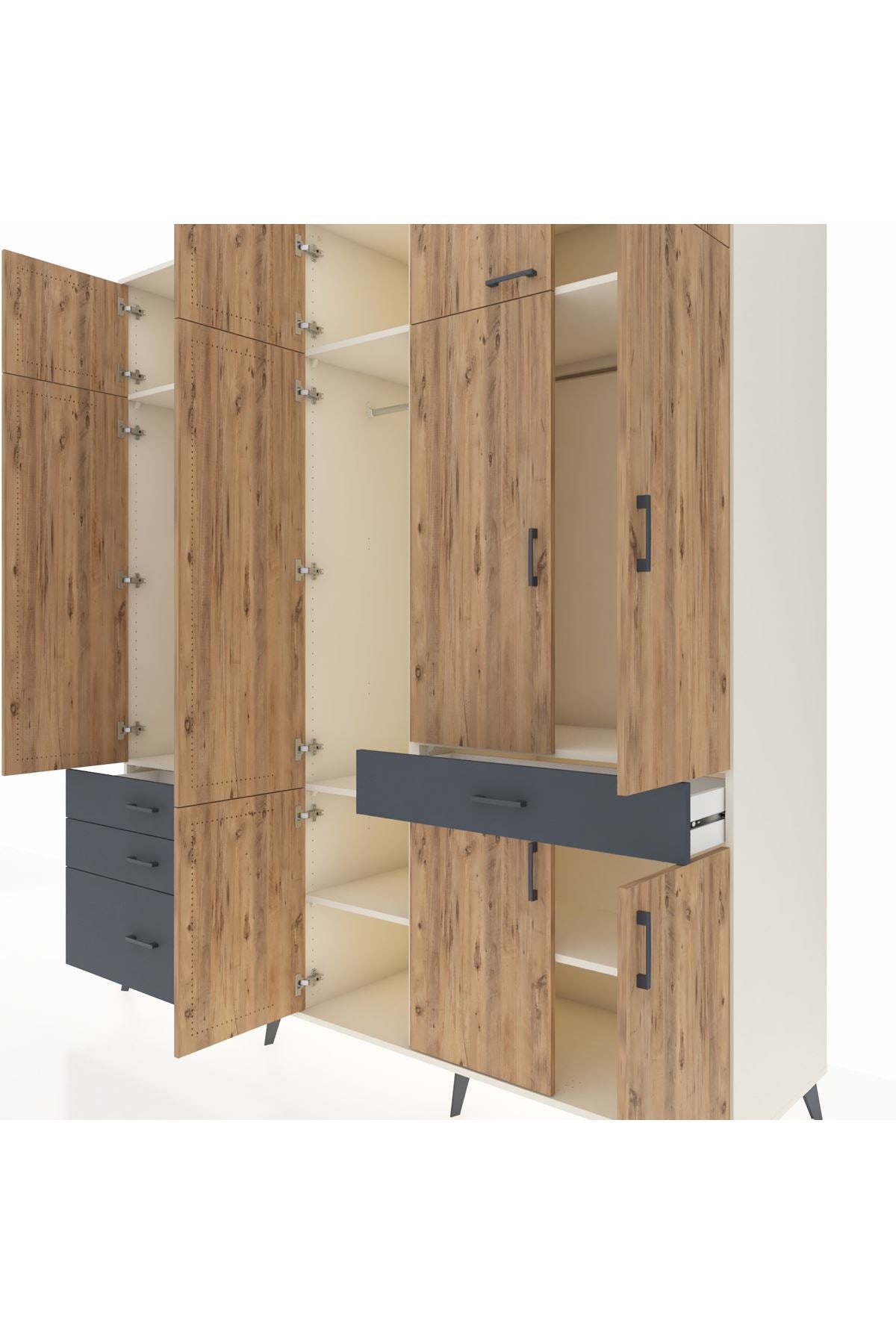 Kronos Dolap 8 Raflı 4 Çekmeceli 3 Askılı 220x59x243 Aytaşı-Çam/Antrasit