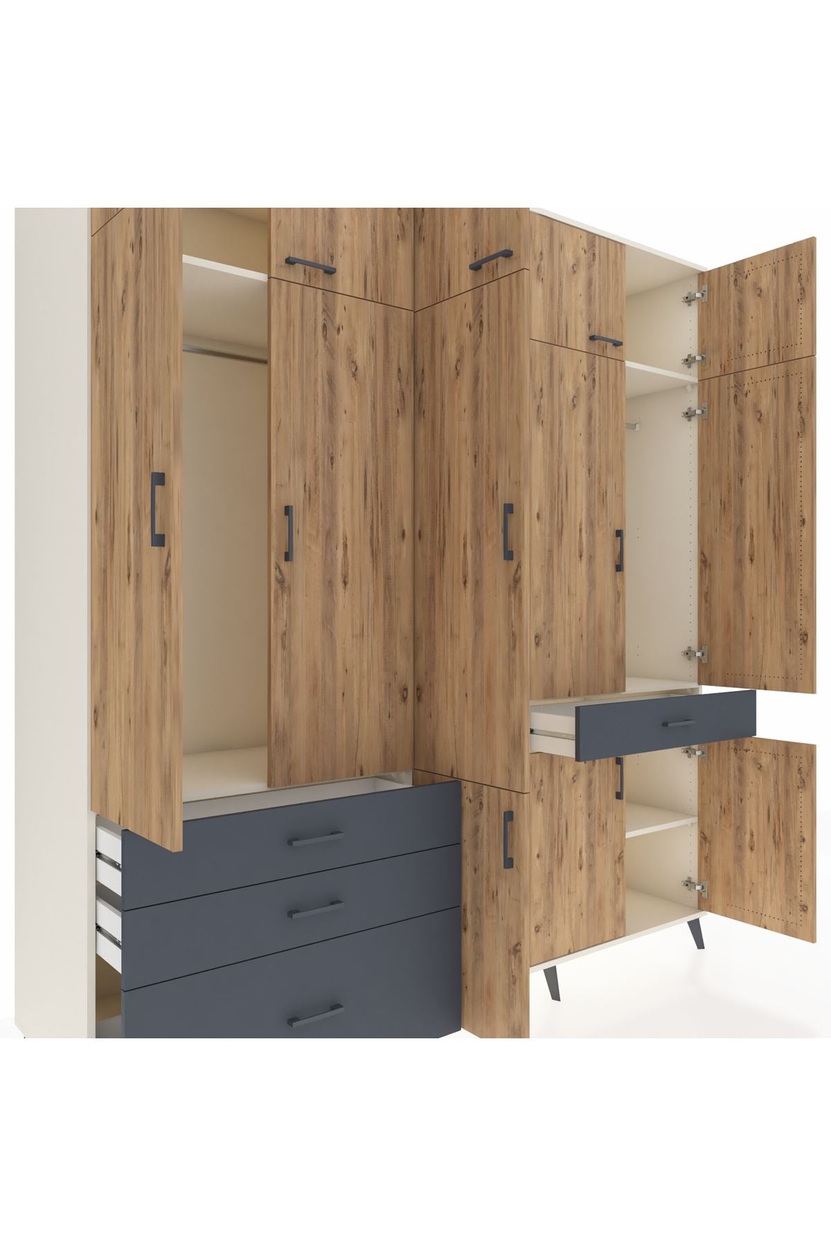 Kronos Dolap 8 Raflı 4 Çekmeceli 3 Askılı 220x59x243 Aytaşı-Çam/Antrasit