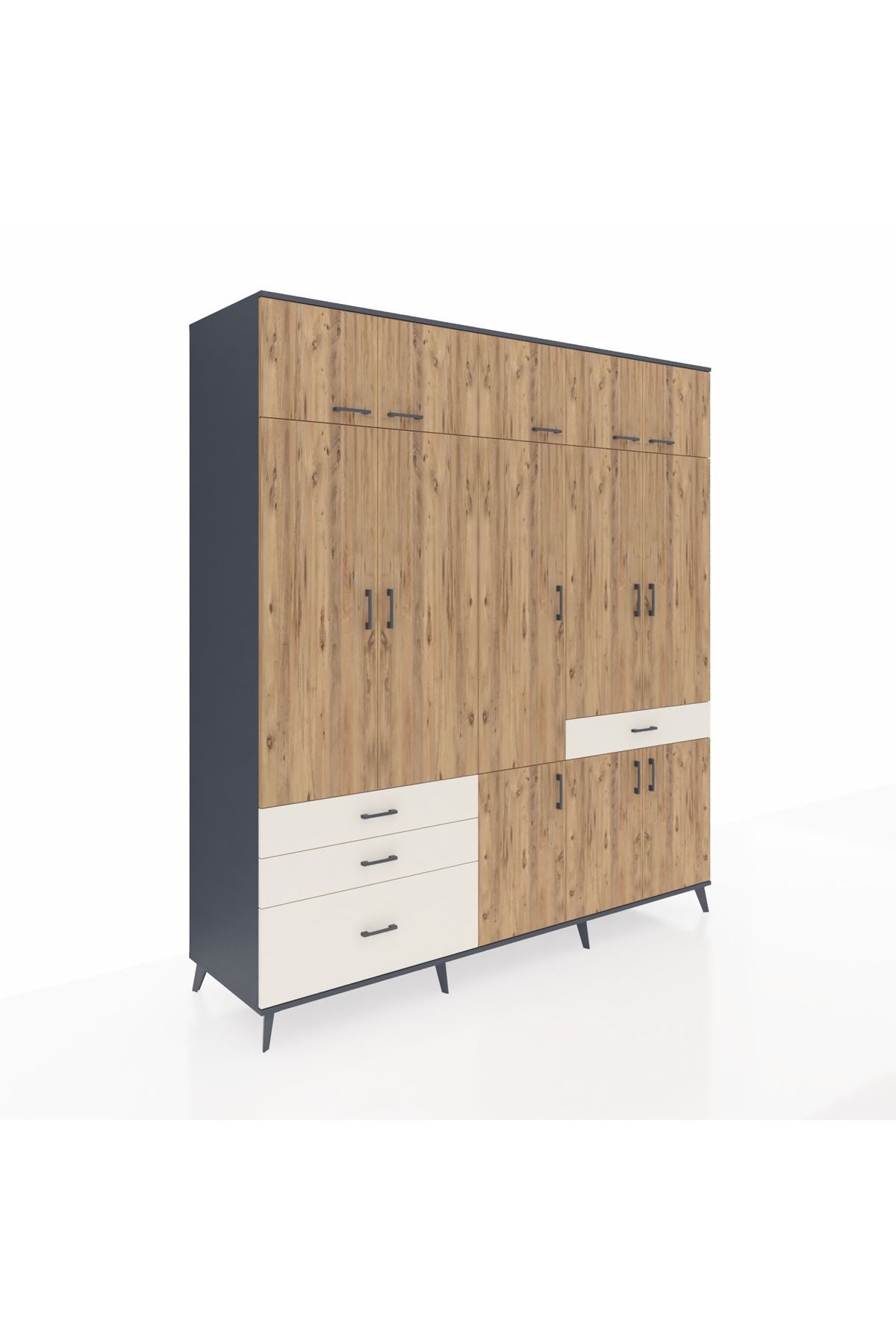 Kronos Dolap 8 Raflı 4 Çekmeceli 3 Askılı 220x59x243 Antrasit-Çam/Aytaşı