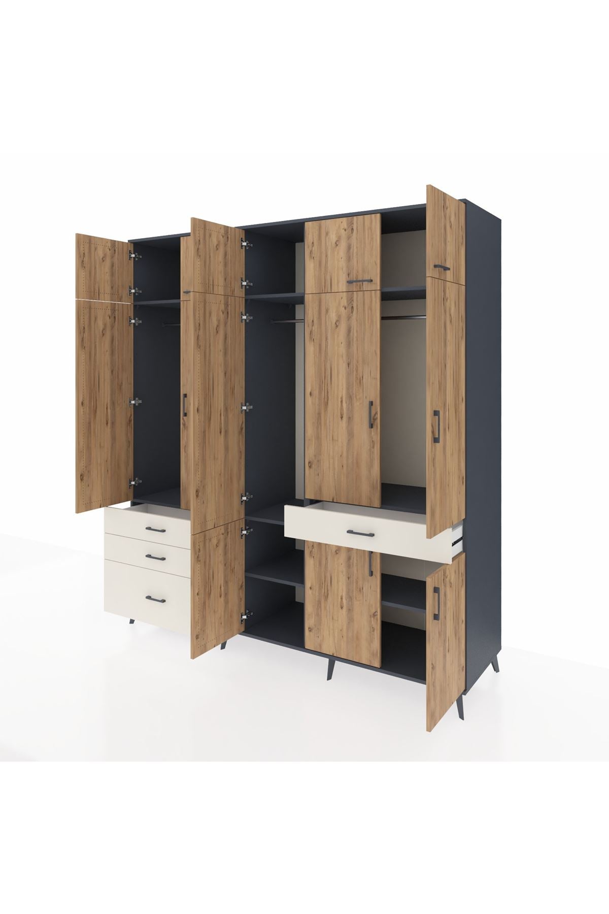 Kronos Dolap 8 Raflı 4 Çekmeceli 3 Askılı 220x59x243 Antrasit-Çam/Aytaşı