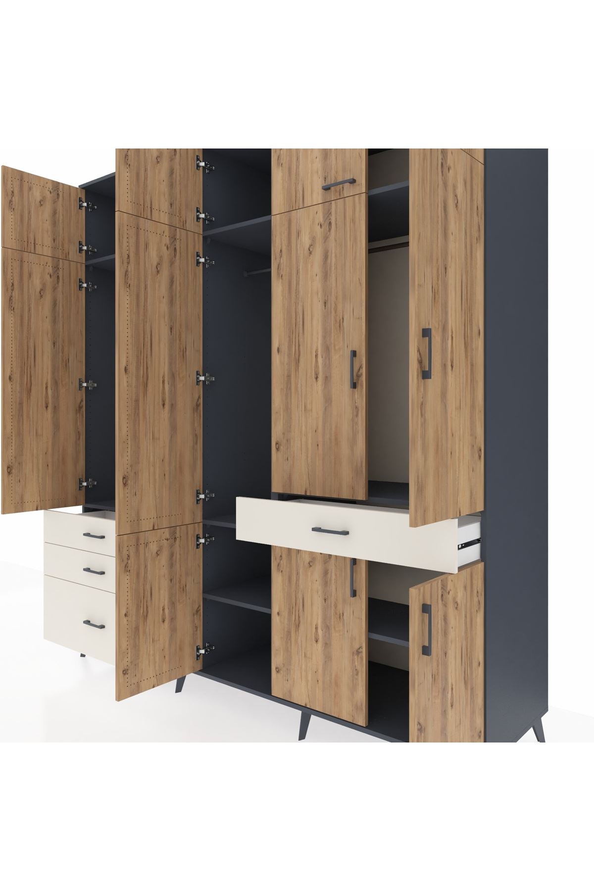 Kronos Dolap 8 Raflı 4 Çekmeceli 3 Askılı 220x59x243 Antrasit-Çam/Aytaşı