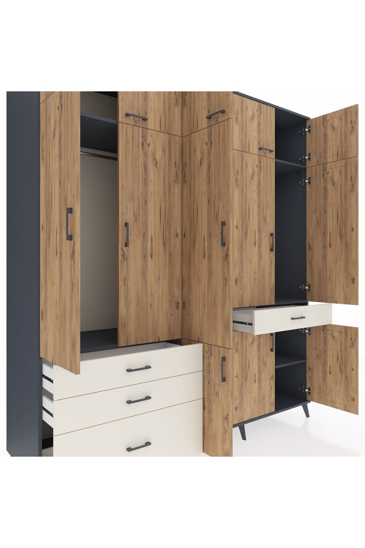 Kronos Dolap 8 Raflı 4 Çekmeceli 3 Askılı 220x59x243 Antrasit-Çam/Aytaşı