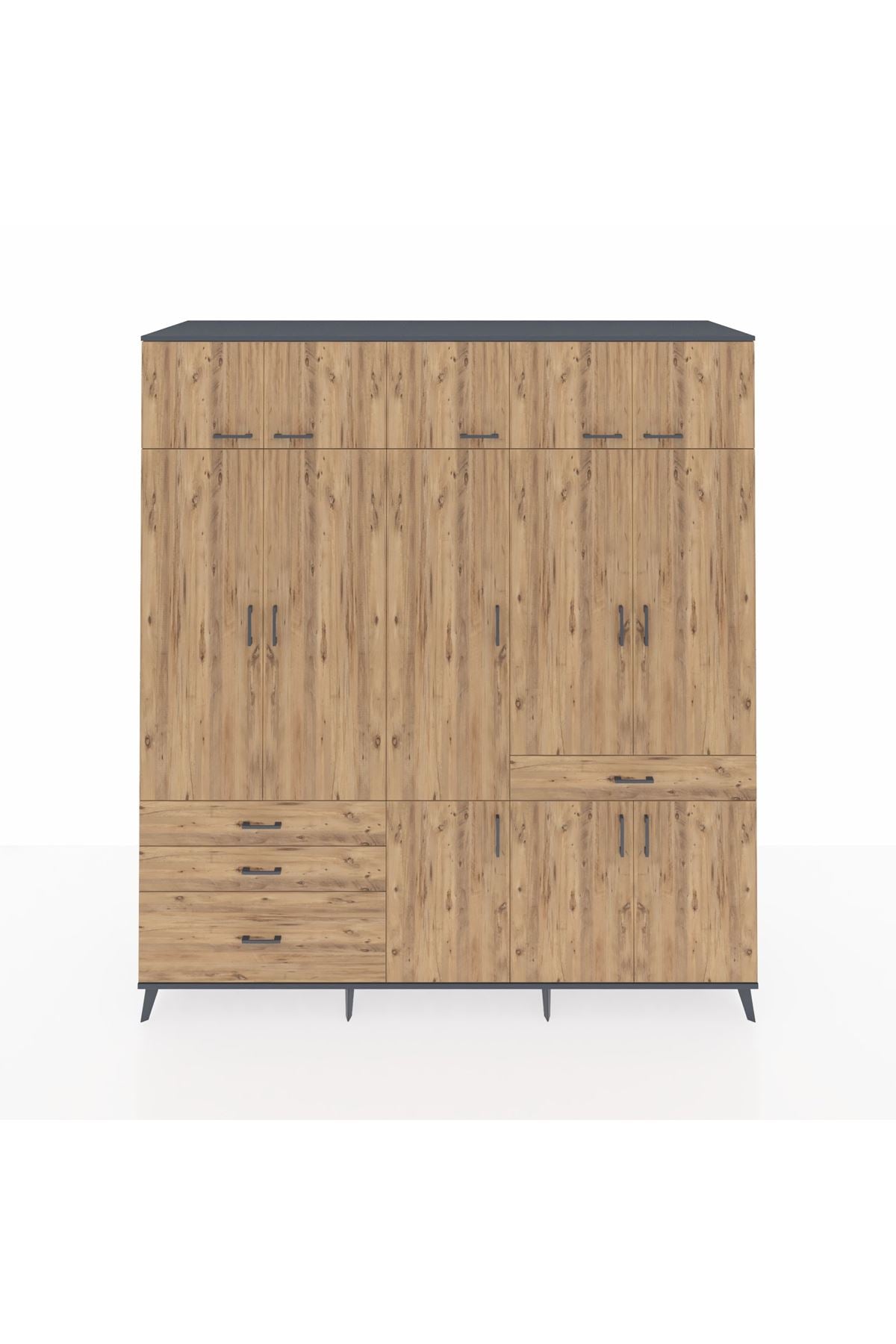 Kronos Dolap 8 Raflı 4 Çekmeceli 3 Askılı 220x59x243 Antrasit-Çam/Çam