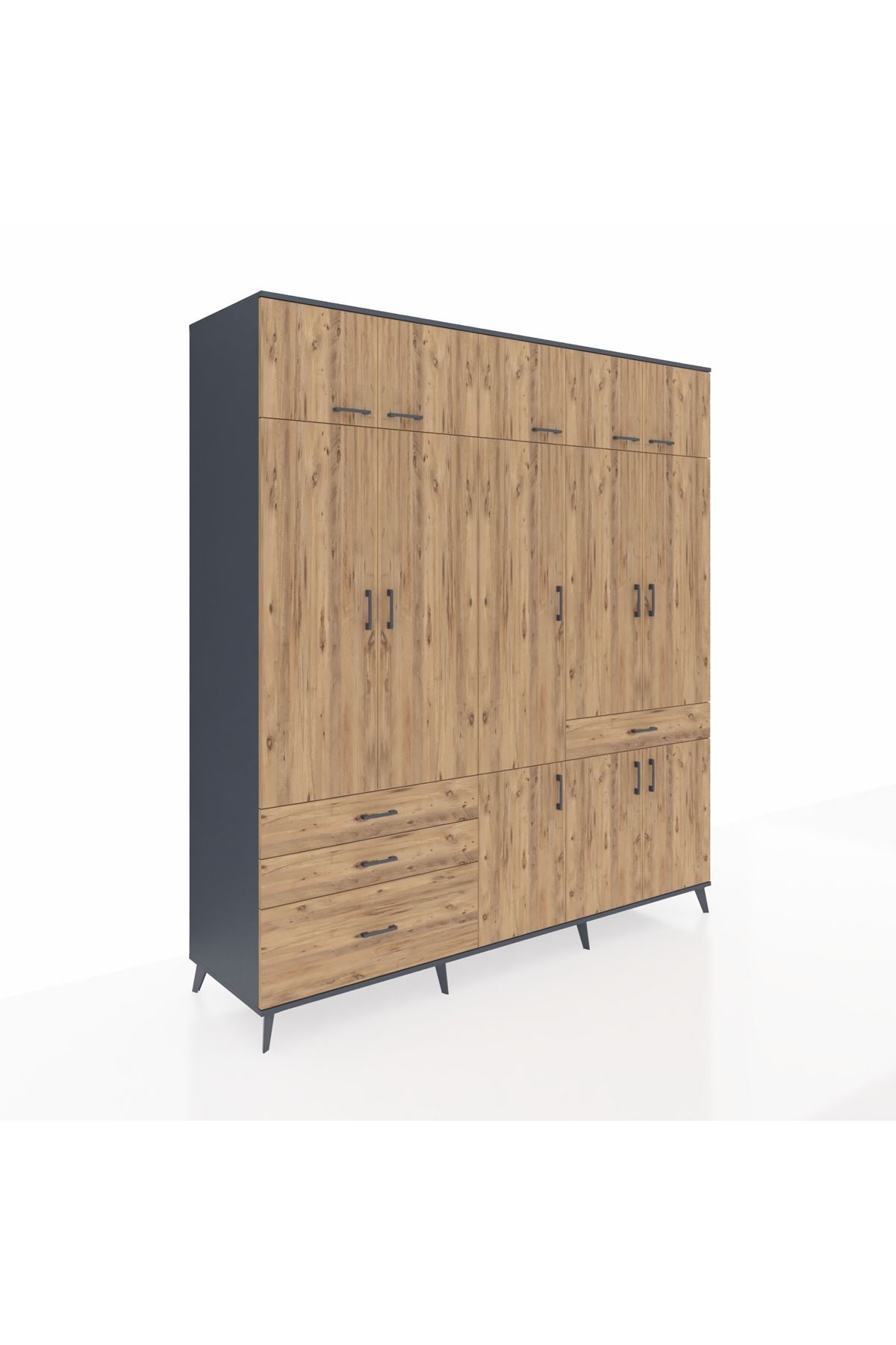 Kronos Dolap 8 Raflı 4 Çekmeceli 3 Askılı 220x59x243 Antrasit-Çam/Çam