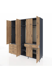 Kronos Dolap 8 Raflı 4 Çekmeceli 3 Askılı 220x59x243 Antrasit-Çam/Çam