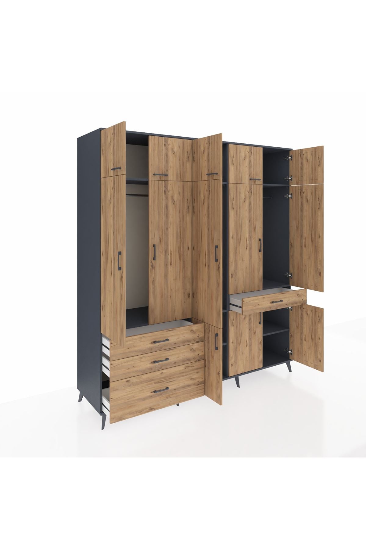 Kronos Dolap 8 Raflı 4 Çekmeceli 3 Askılı 220x59x243 Antrasit-Çam/Çam