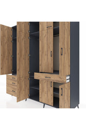 Kronos Dolap 8 Raflı 4 Çekmeceli 3 Askılı 220x59x243 Antrasit-Çam/Çam