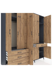 Kronos Dolap 8 Raflı 4 Çekmeceli 3 Askılı 220x59x243 Antrasit-Çam/Çam