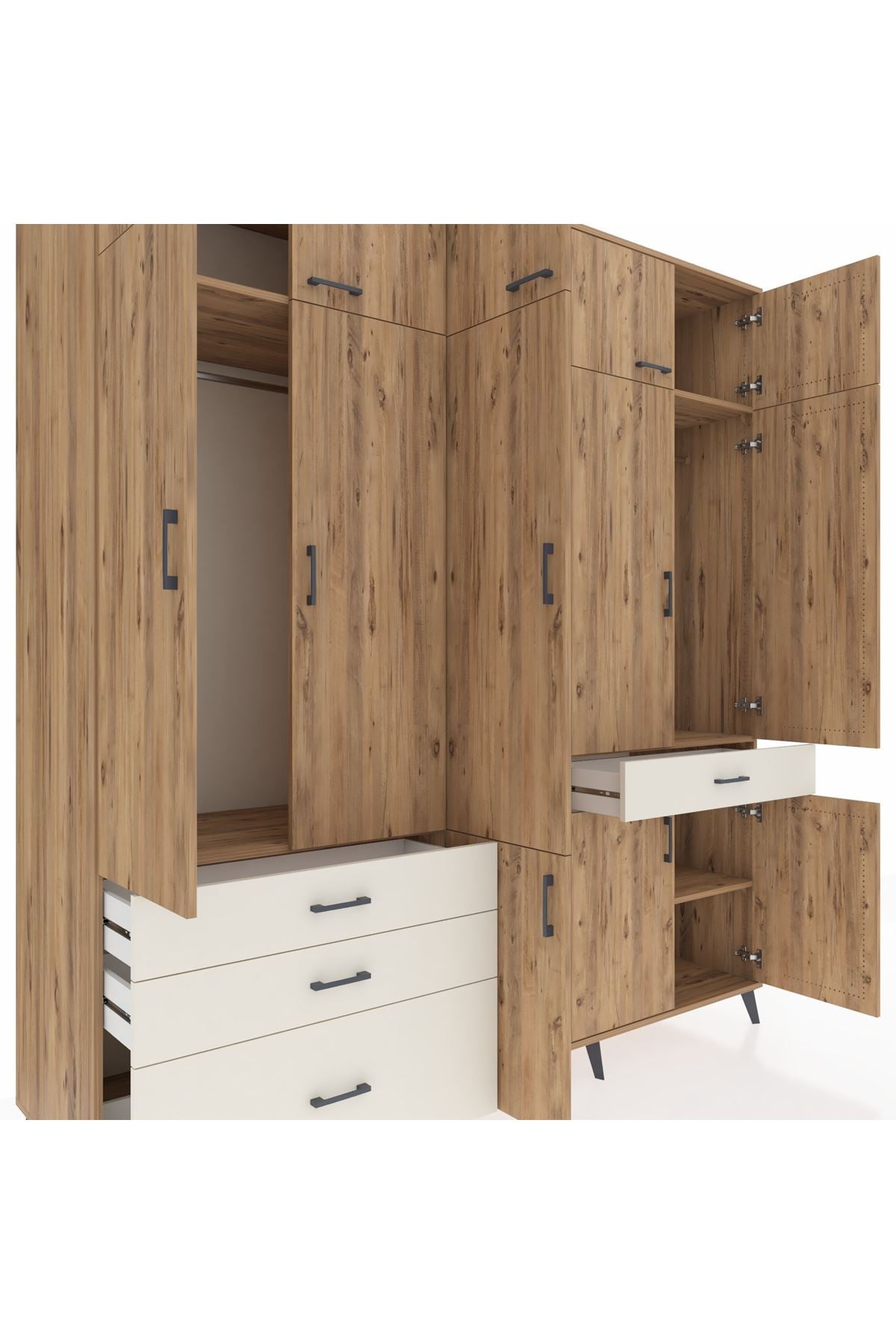 Kronos Dolap 8 Raflı 4 Çekmeceli 3 Askılı 220x59x243 Çam-Çam/Aytaşı