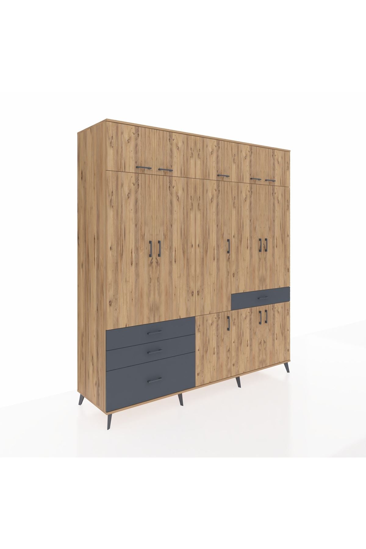 Kronos Dolap 8 Raflı 4 Çekmeceli 3 Askılı 220x59x243 Çam-Çam/Antrasit