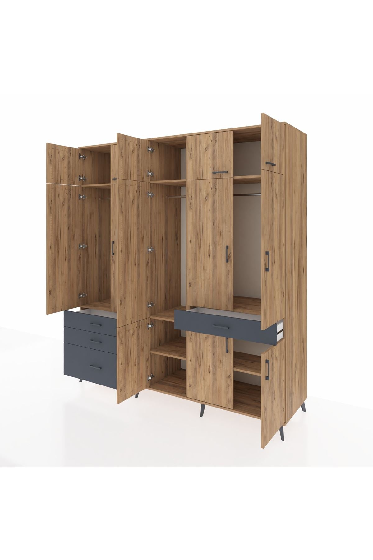 Kronos Dolap 8 Raflı 4 Çekmeceli 3 Askılı 220x59x243 Çam-Çam/Antrasit