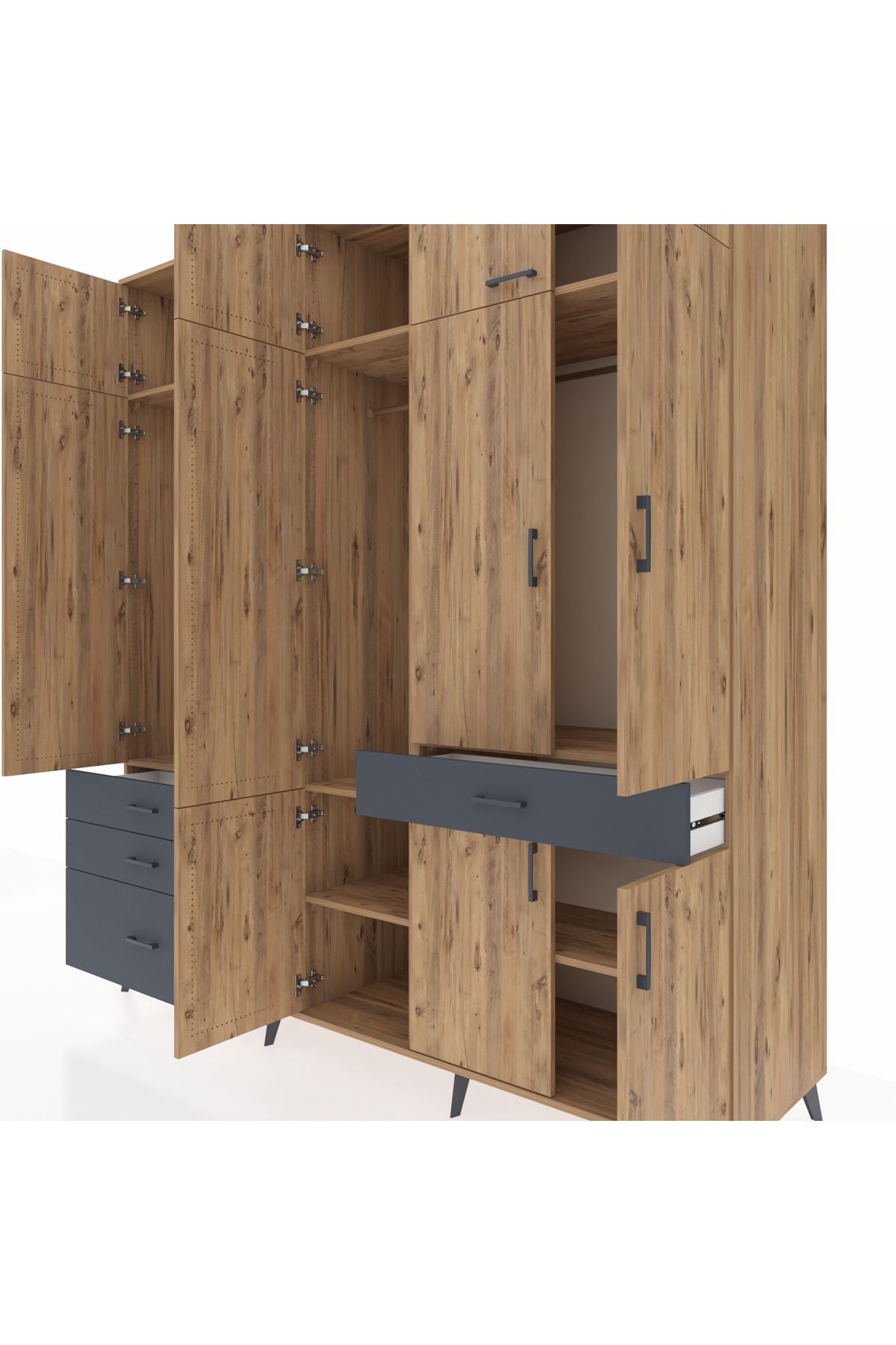 Kronos Dolap 8 Raflı 4 Çekmeceli 3 Askılı 220x59x243 Çam-Çam/Antrasit