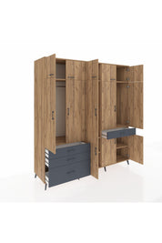 Kronos Dolap 8 Raflı 4 Çekmeceli 3 Askılı 220x59x243 Çam-Çam/Antrasit