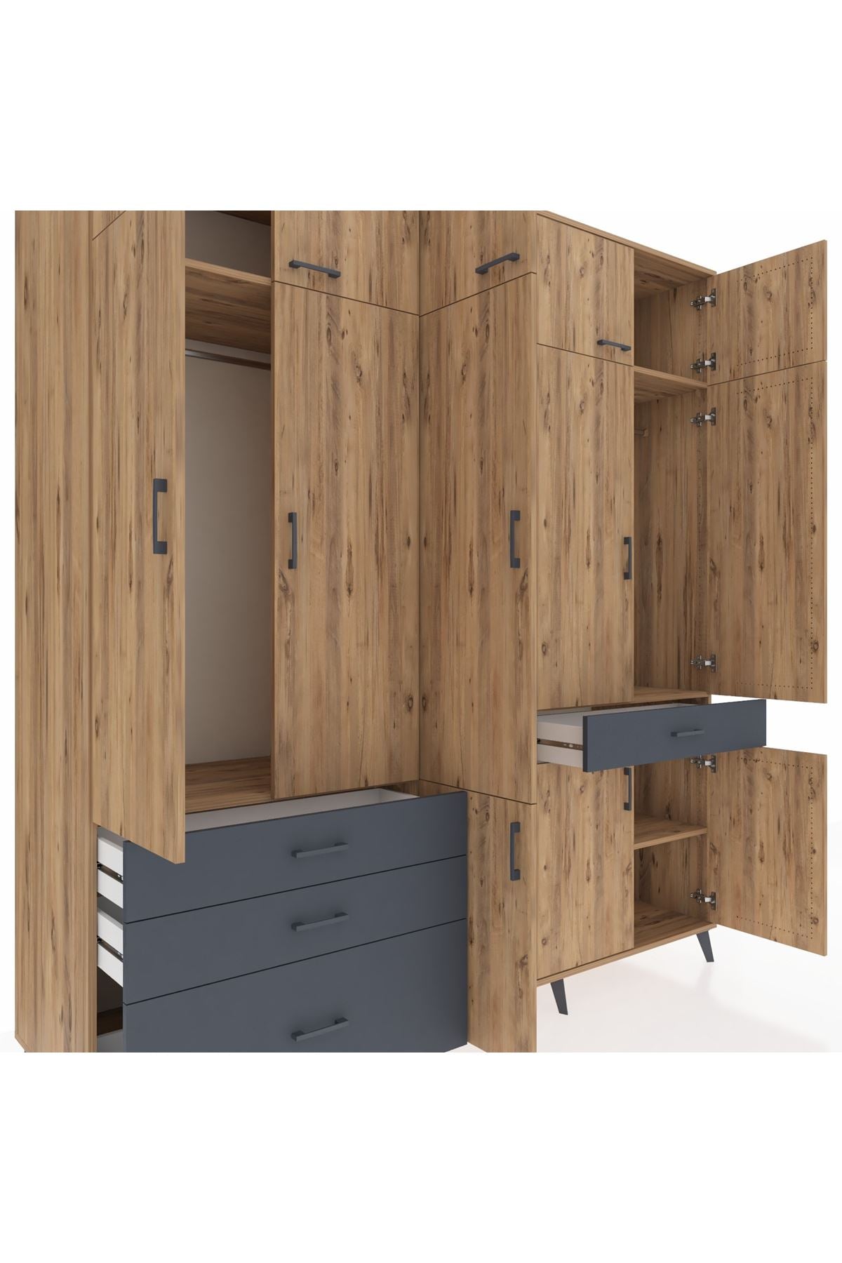 Kronos Dolap 8 Raflı 4 Çekmeceli 3 Askılı 220x59x243 Çam-Çam/Antrasit