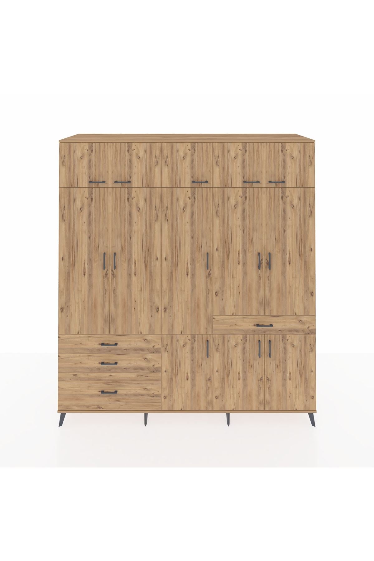 Kronos Dolap 8 Raflı 4 Çekmeceli 3 Askılı 220x59x243 Çam-Çam/Çam