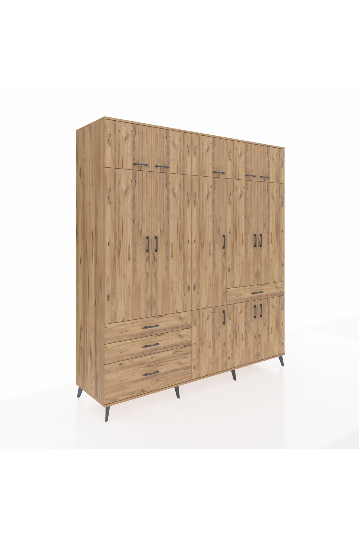 Kronos Dolap 8 Raflı 4 Çekmeceli 3 Askılı 220x59x243 Çam-Çam/Çam