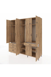 Kronos Dolap 8 Raflı 4 Çekmeceli 3 Askılı 220x59x243 Çam-Çam/Çam