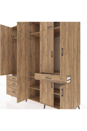 Kronos Dolap 8 Raflı 4 Çekmeceli 3 Askılı 220x59x243 Çam-Çam/Çam
